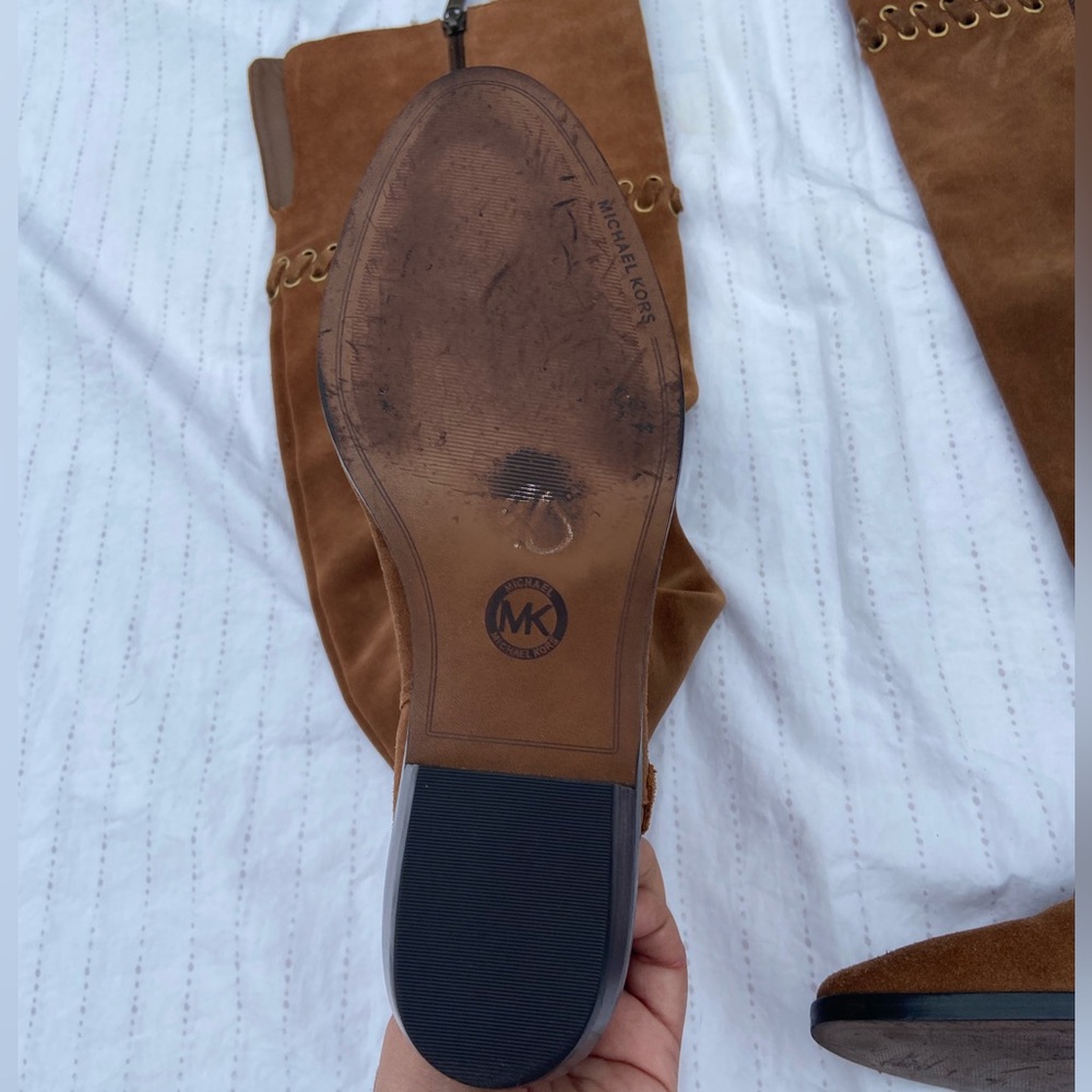 Michael Kors Malin Grommet Suede Leather Over The Knee Boots in Caramel - Picture 8 of 11